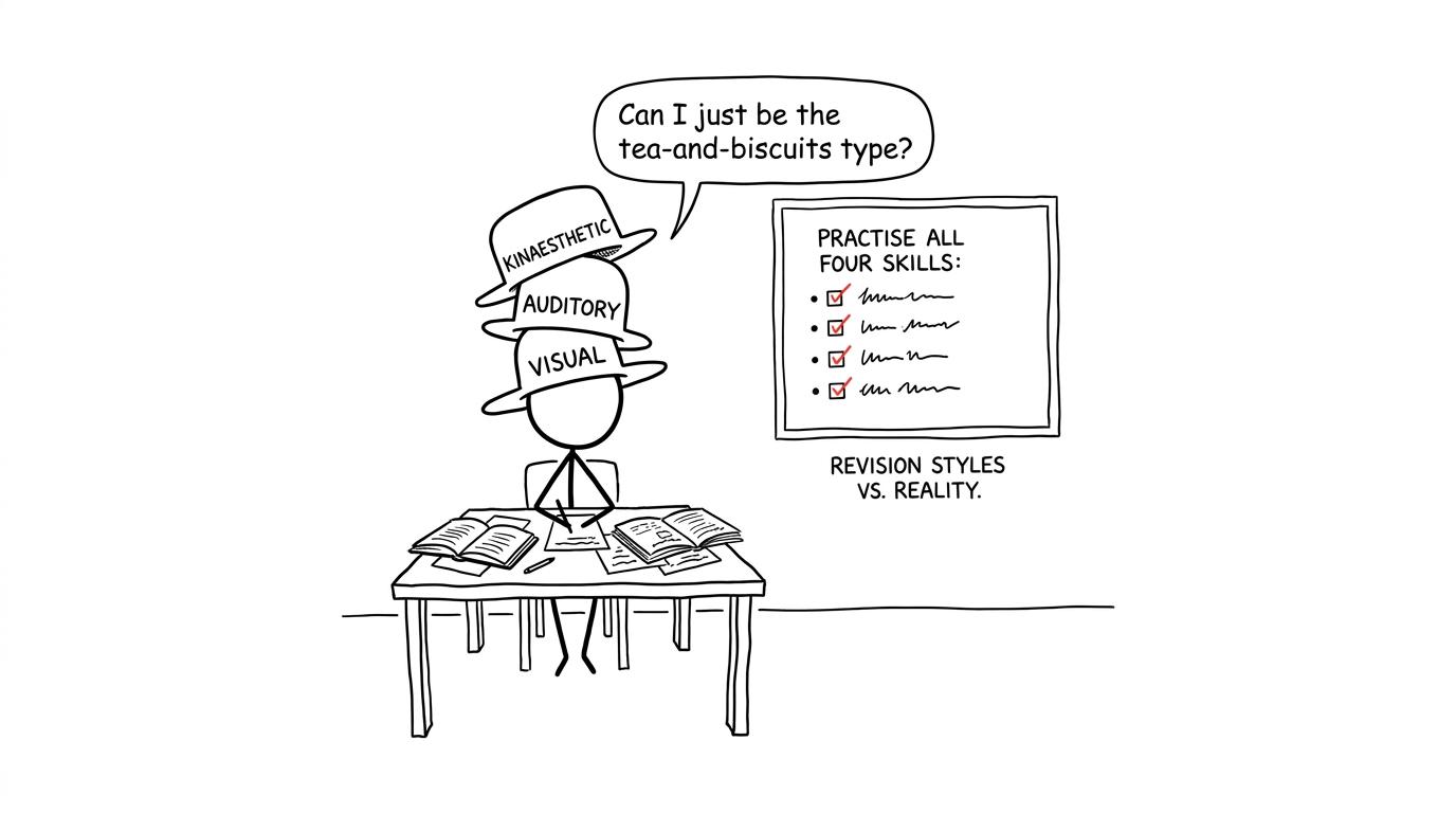 A student wearing three learning-style hats beside a checklist encouraging practice across every skill