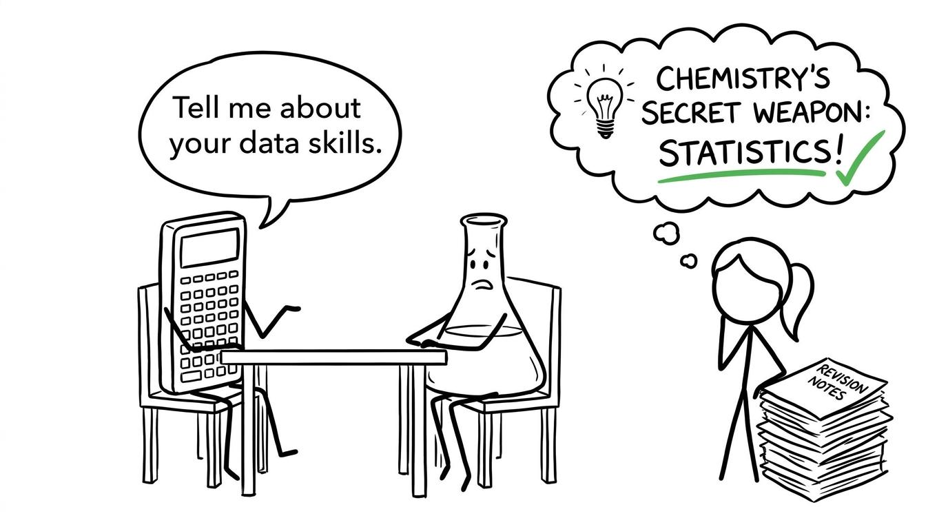 A chemistry flask faces a calculator in a data-skills interview