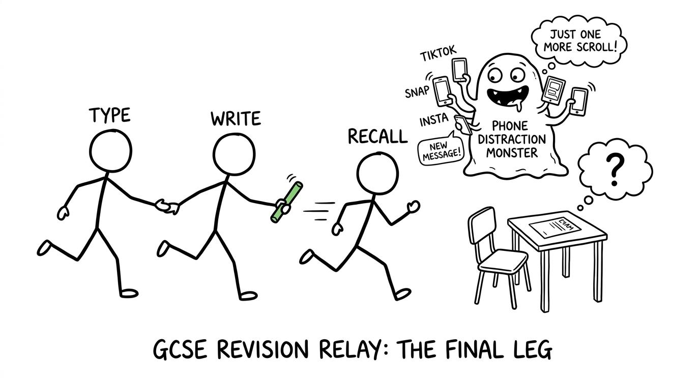 Typing and handwriting passing the revision baton to active recall while notifications wave from the sidelines