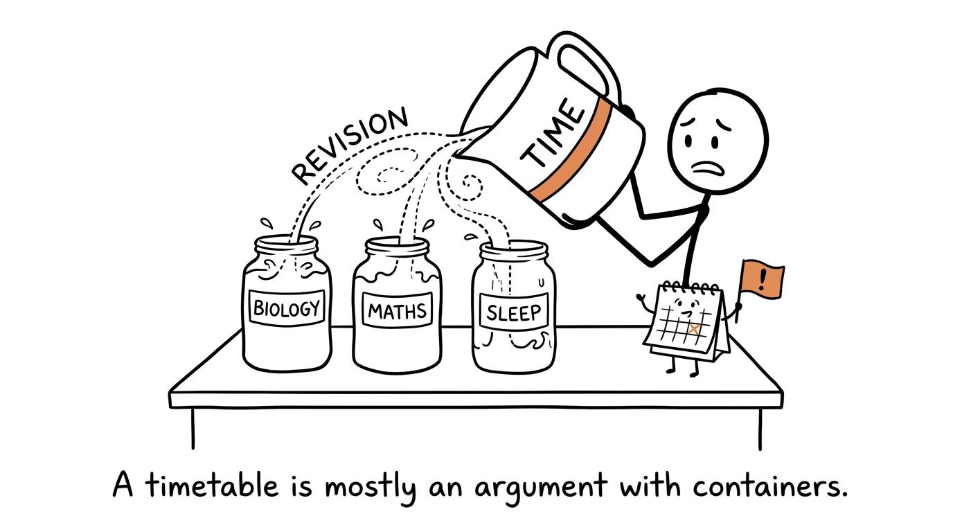 A student balances Biology, Maths and sleep in three revision jars