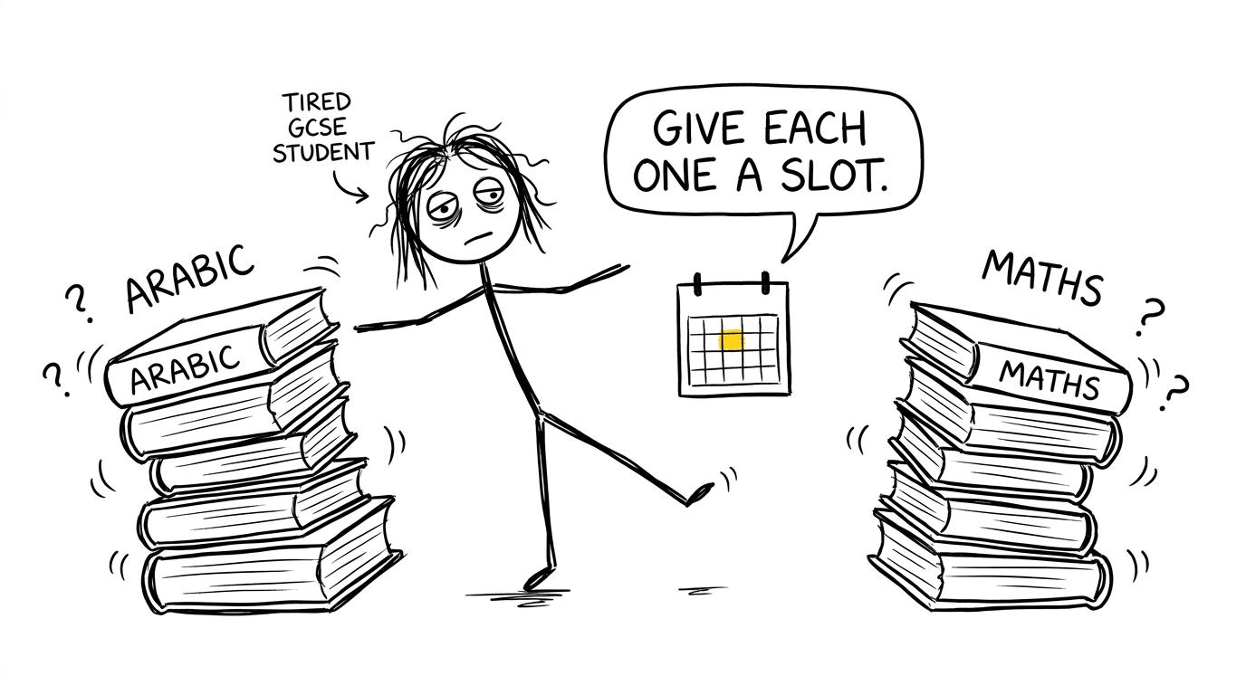 A student balances Arabic and maths books while a calendar calmly suggests giving each subject a slot
