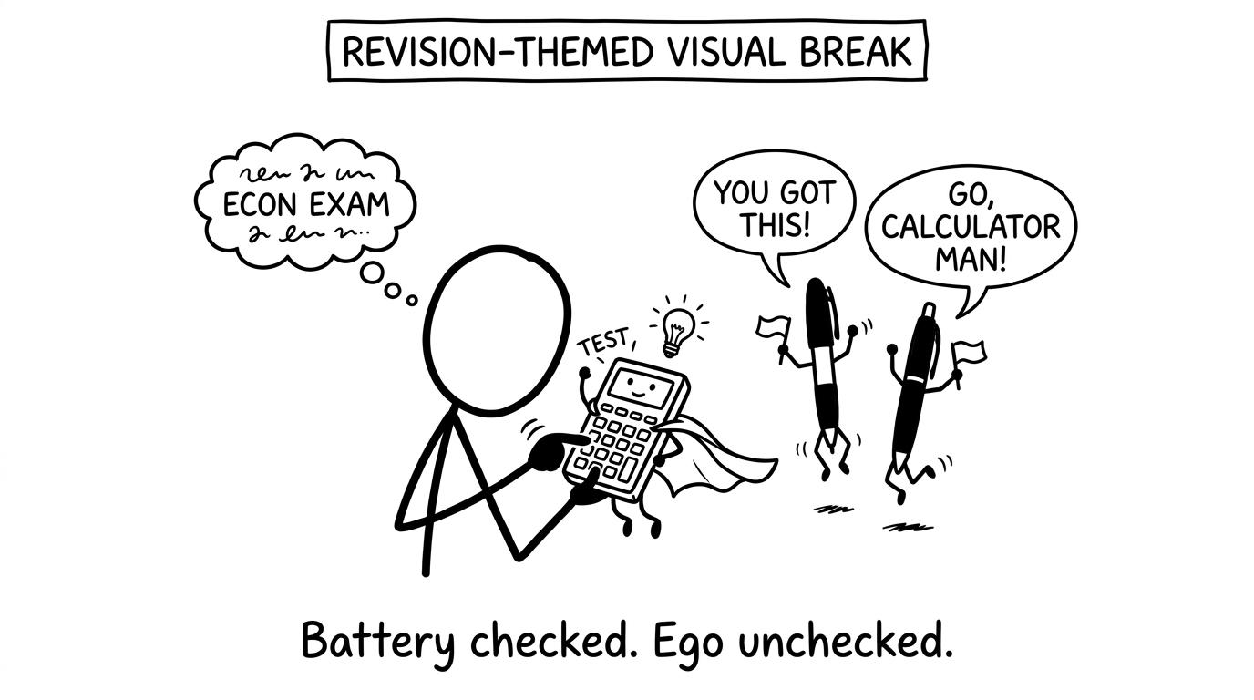 A calculator in a superhero cape being checked by two spare pens