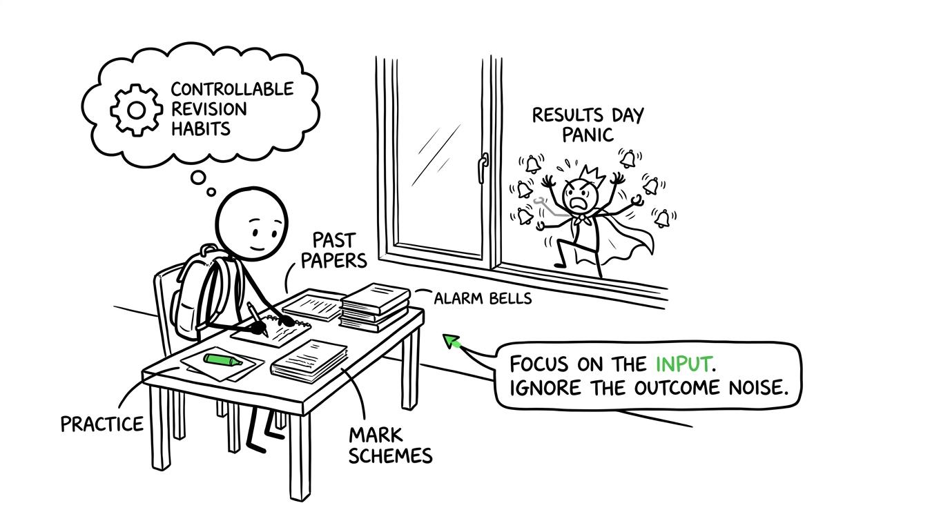 A calm student revises while Results Day Panic rings alarms outside