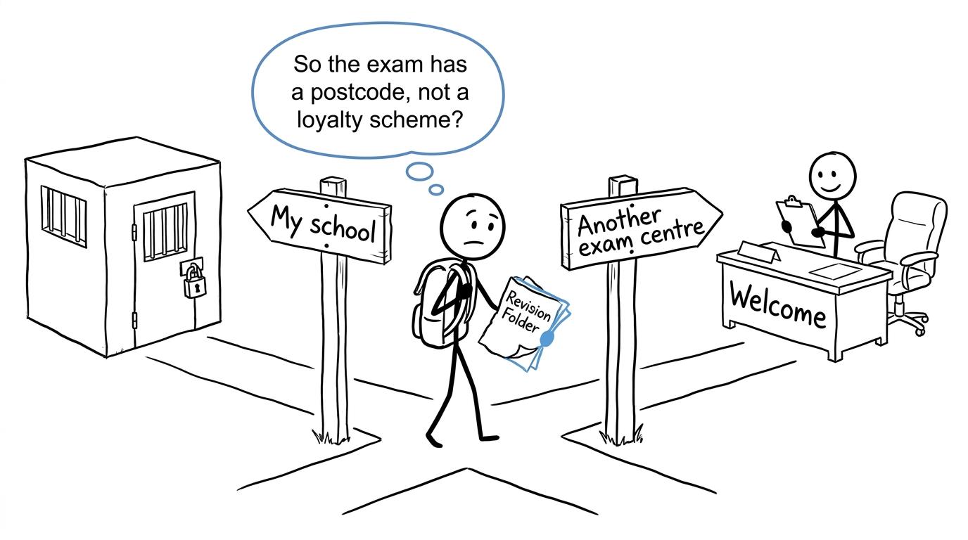 A student discovers that an examination can have a different postcode