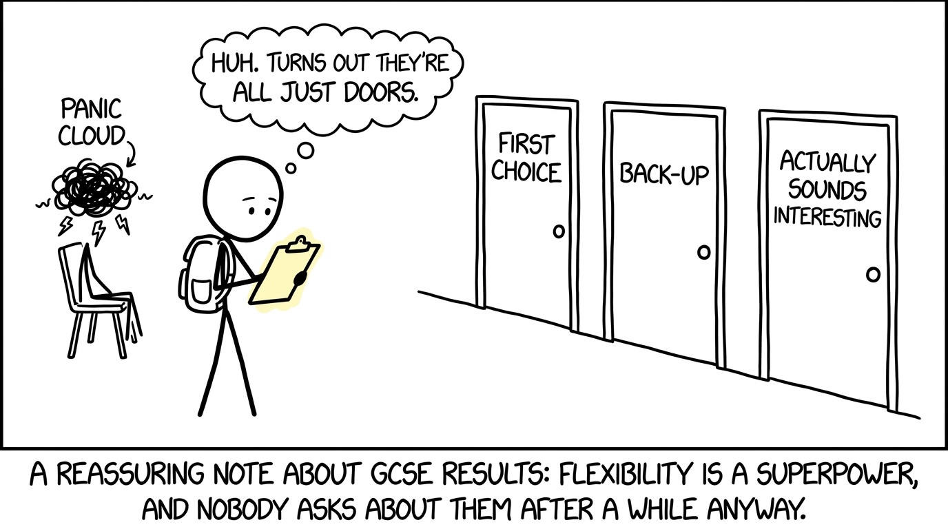 A calm student considers three college course doors while a panic cloud waits unused