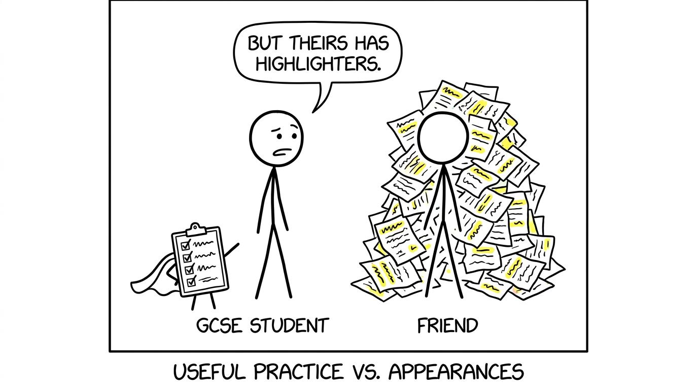 A small completed checklist quietly defeats an enormous pile of highlighted revision notes