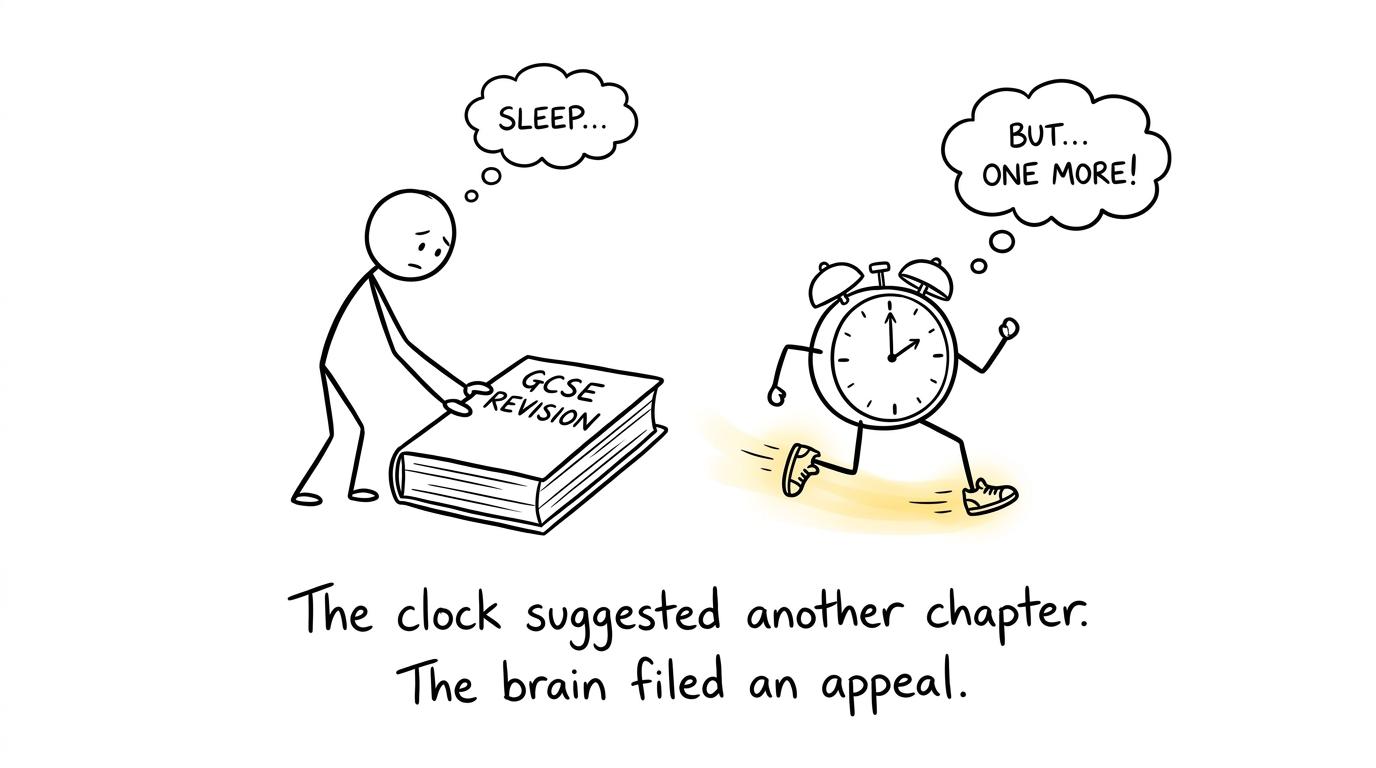 A tired student's brain appeals against one more chapter before bed