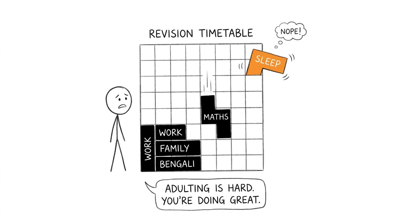 A revision timetable playing Tetris with work, Bengali, maths and sleep
