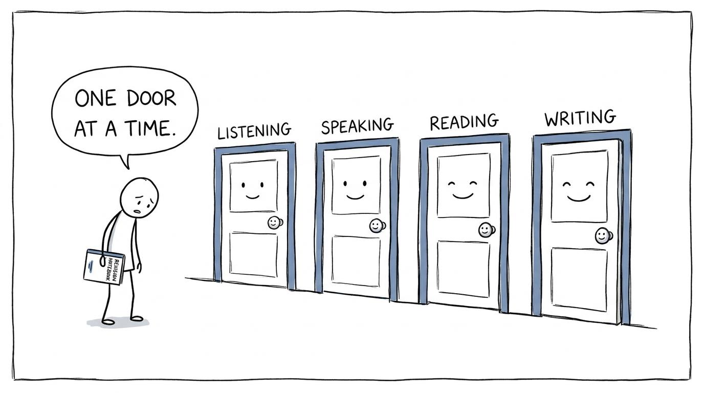 A student approaching four friendly revision doors for listening, speaking, reading and writing
