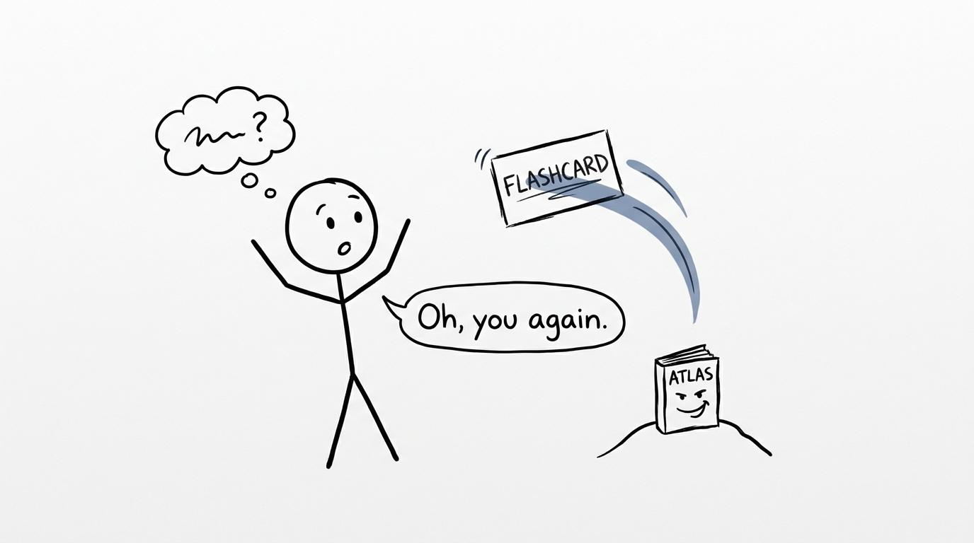 A revision flashcard returning like a boomerang to a surprised student