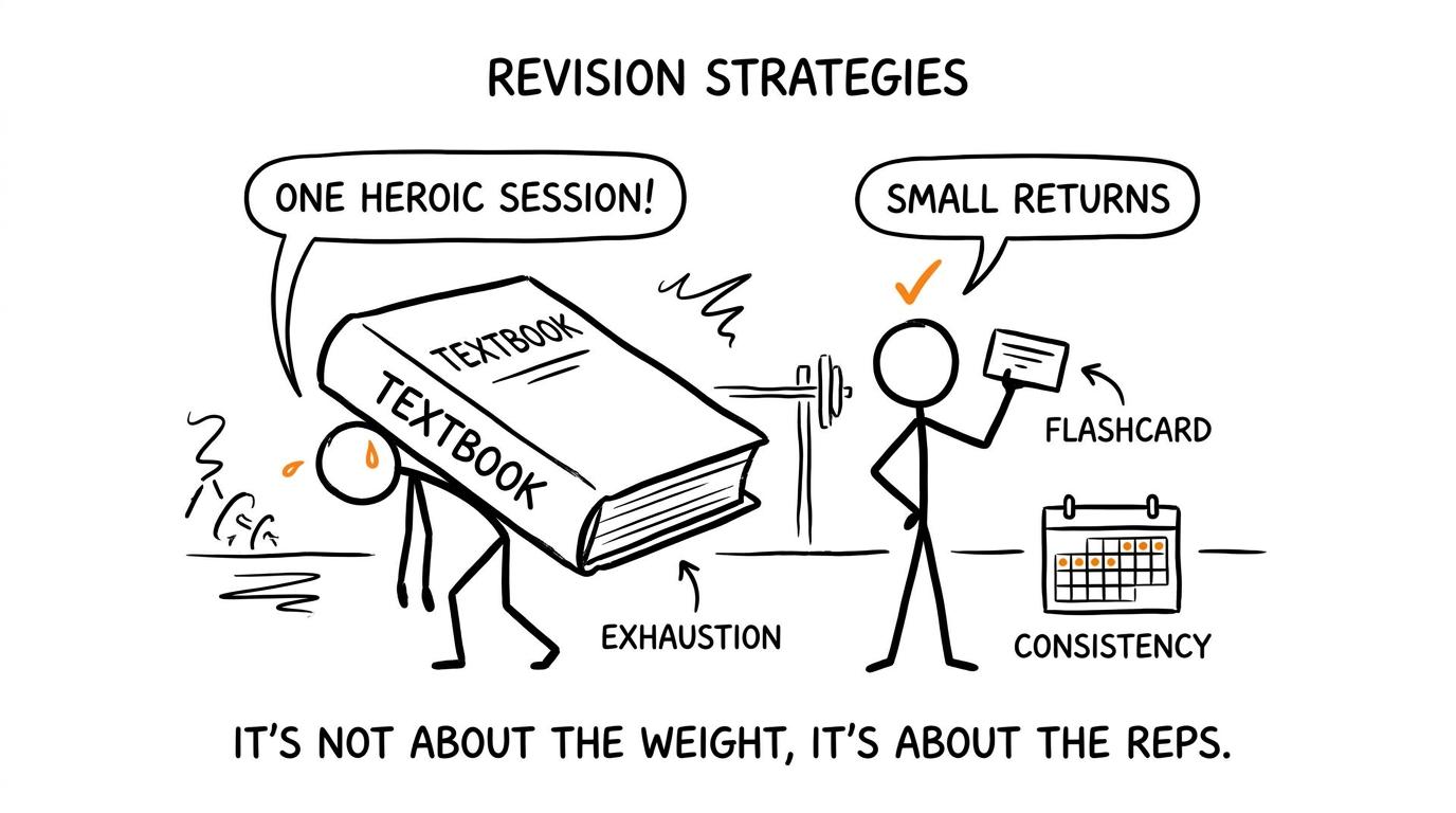 One huge revision session competes with calm repeated practice