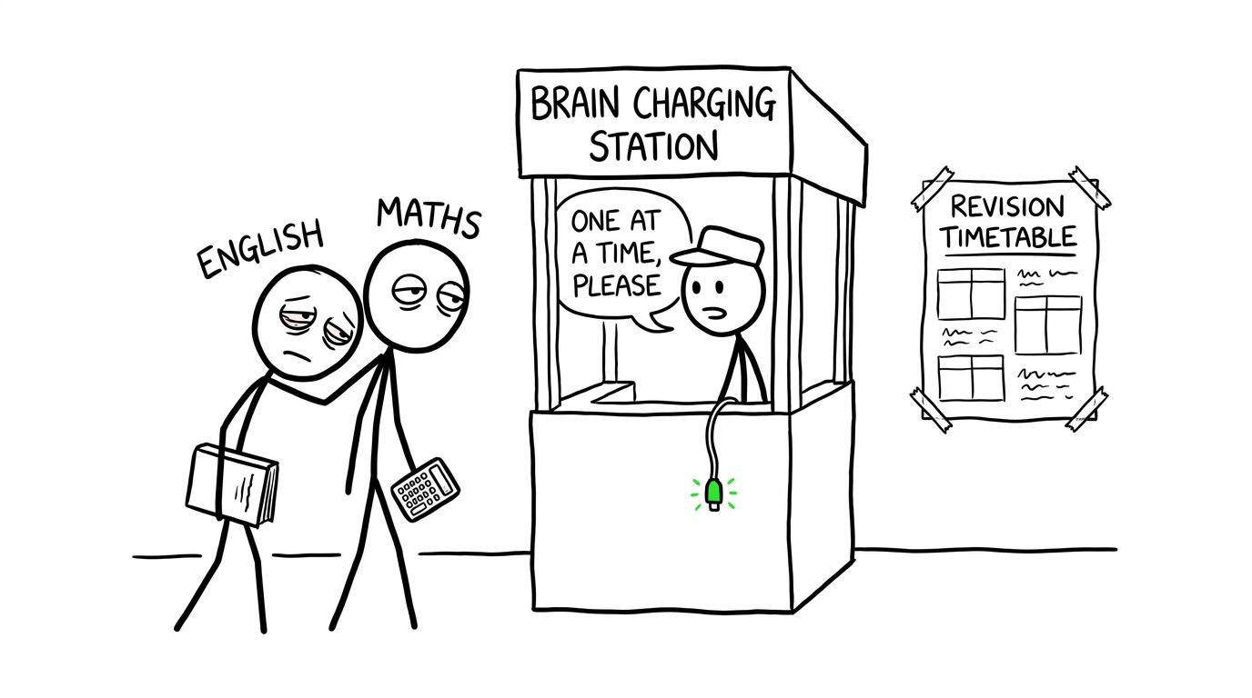 English and Maths waiting at a tiny brain charging station