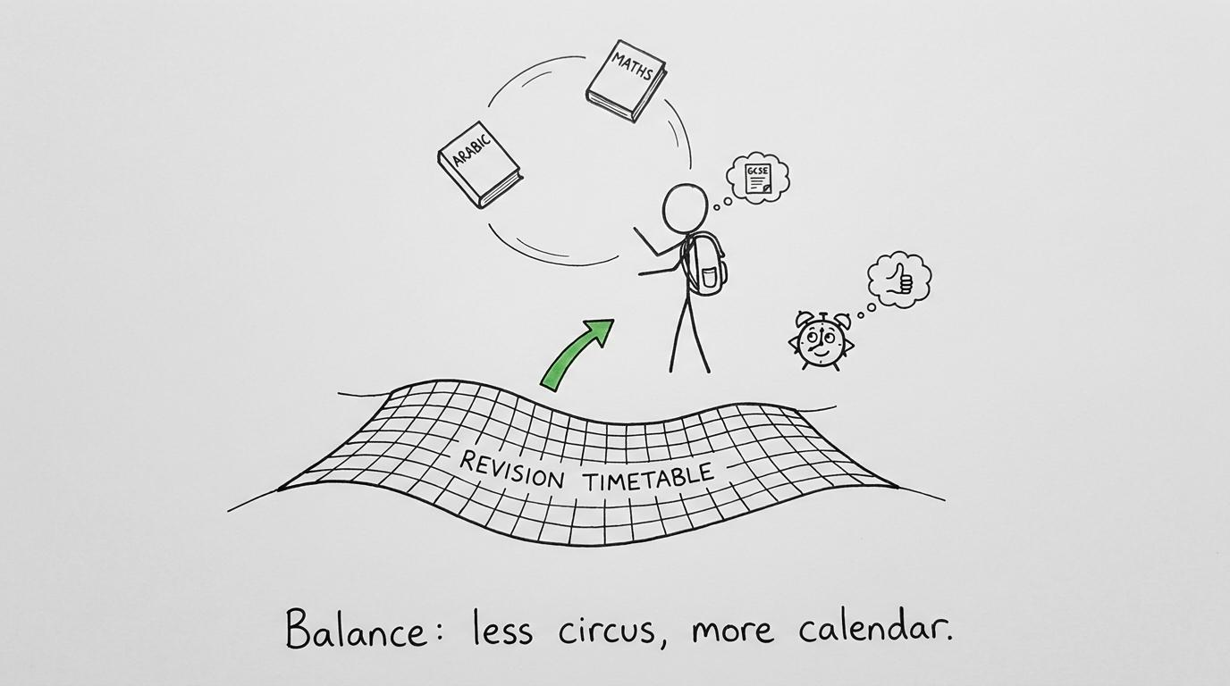 A student balancing Arabic and maths with a revision timetable