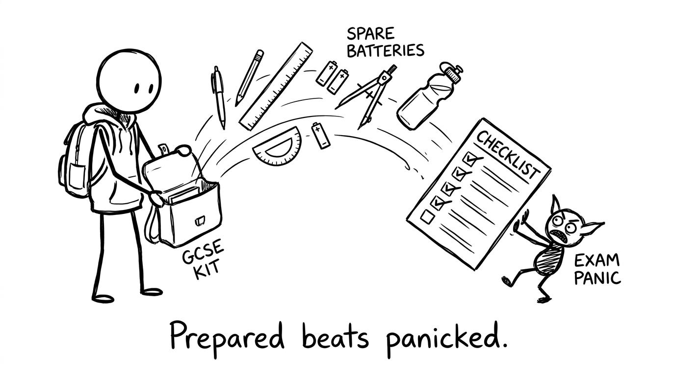A checklist pushing away an 'Exam Panic' gremlin