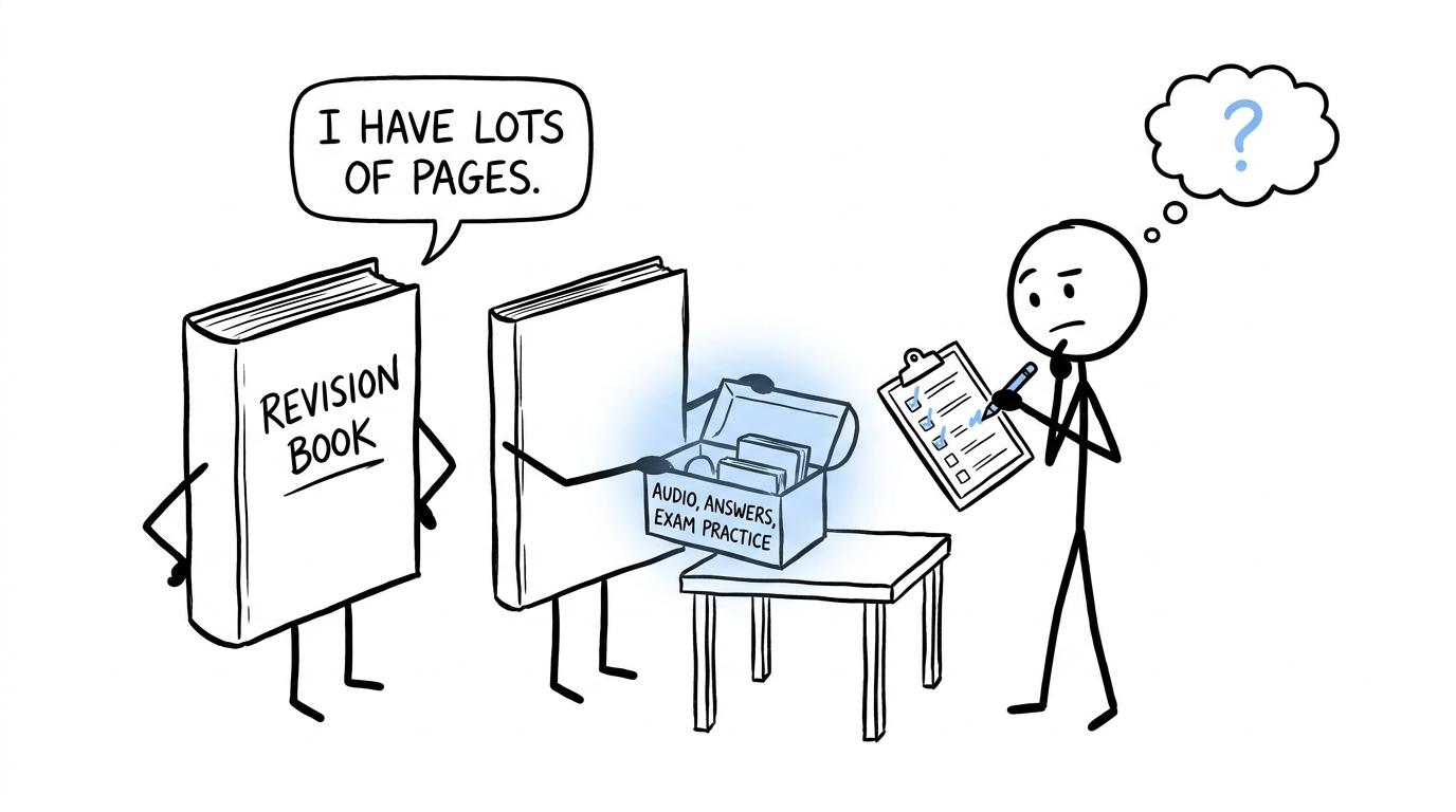 Two revision books audition while a student checks whether they provide useful tools