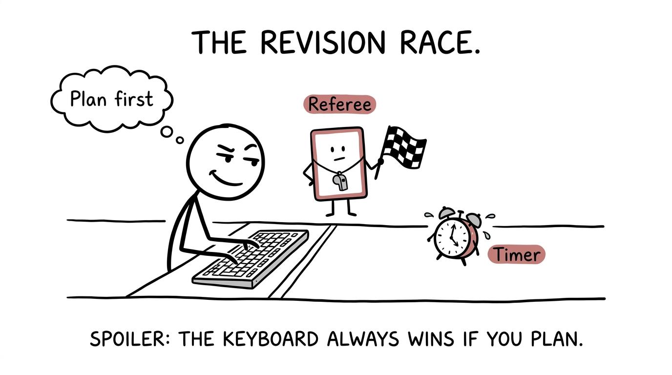A keyboard races a tiny timer while a vocabulary card referees