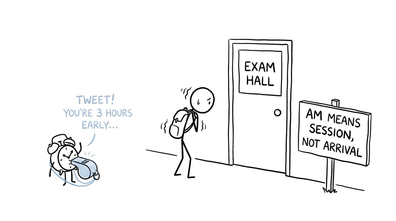 A student discovering that an exam session is not an arrival time