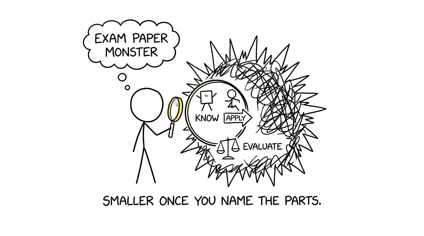 A frightening exam paper becoming smaller when divided into know, apply and evaluate