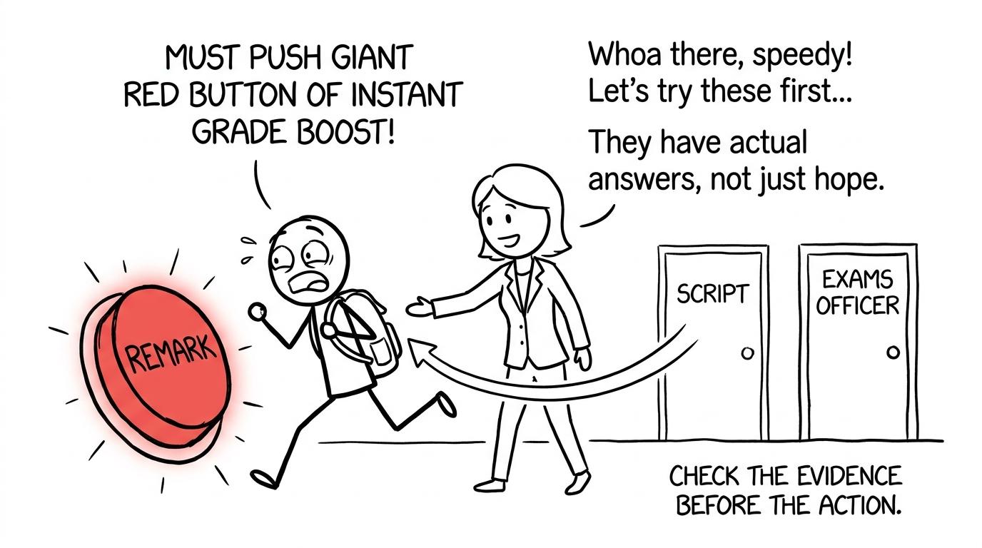 A teacher redirects a student from a giant remark button towards evidence and the exams office