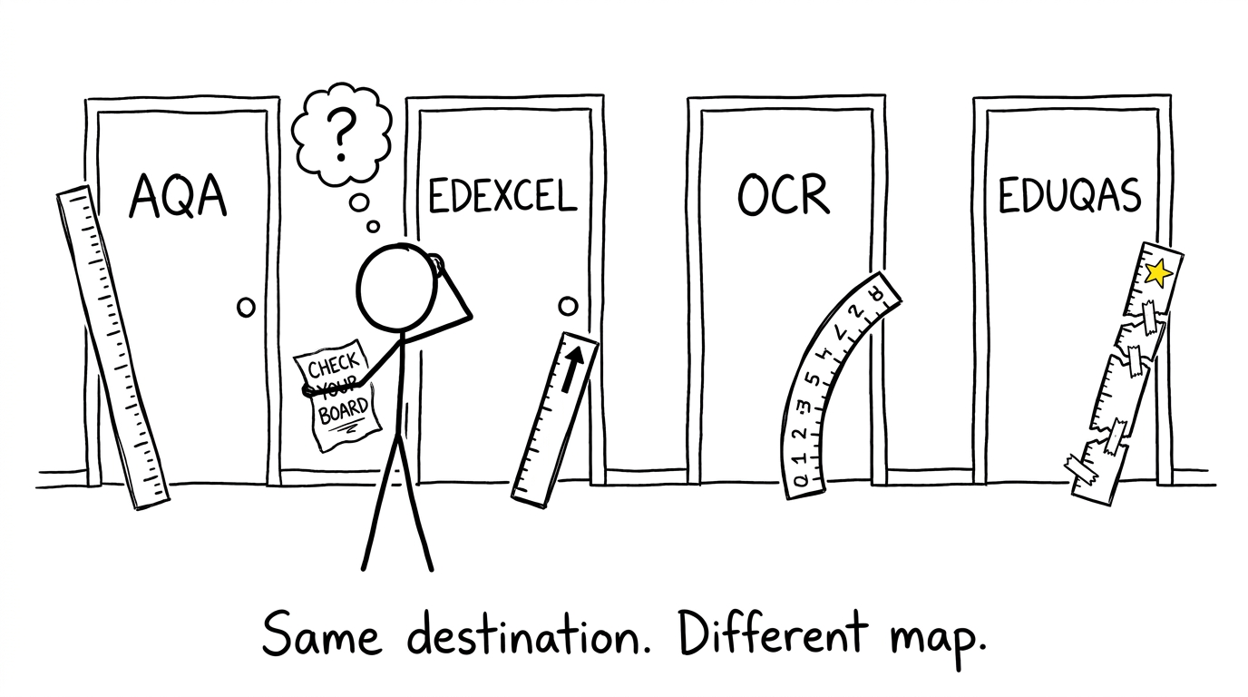 A student chooses between four exam-board doors