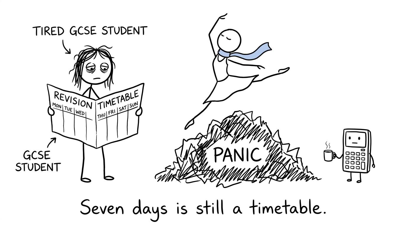 A student beginning a seven-day revision timetable while a dancer leaps over a pile labelled panic