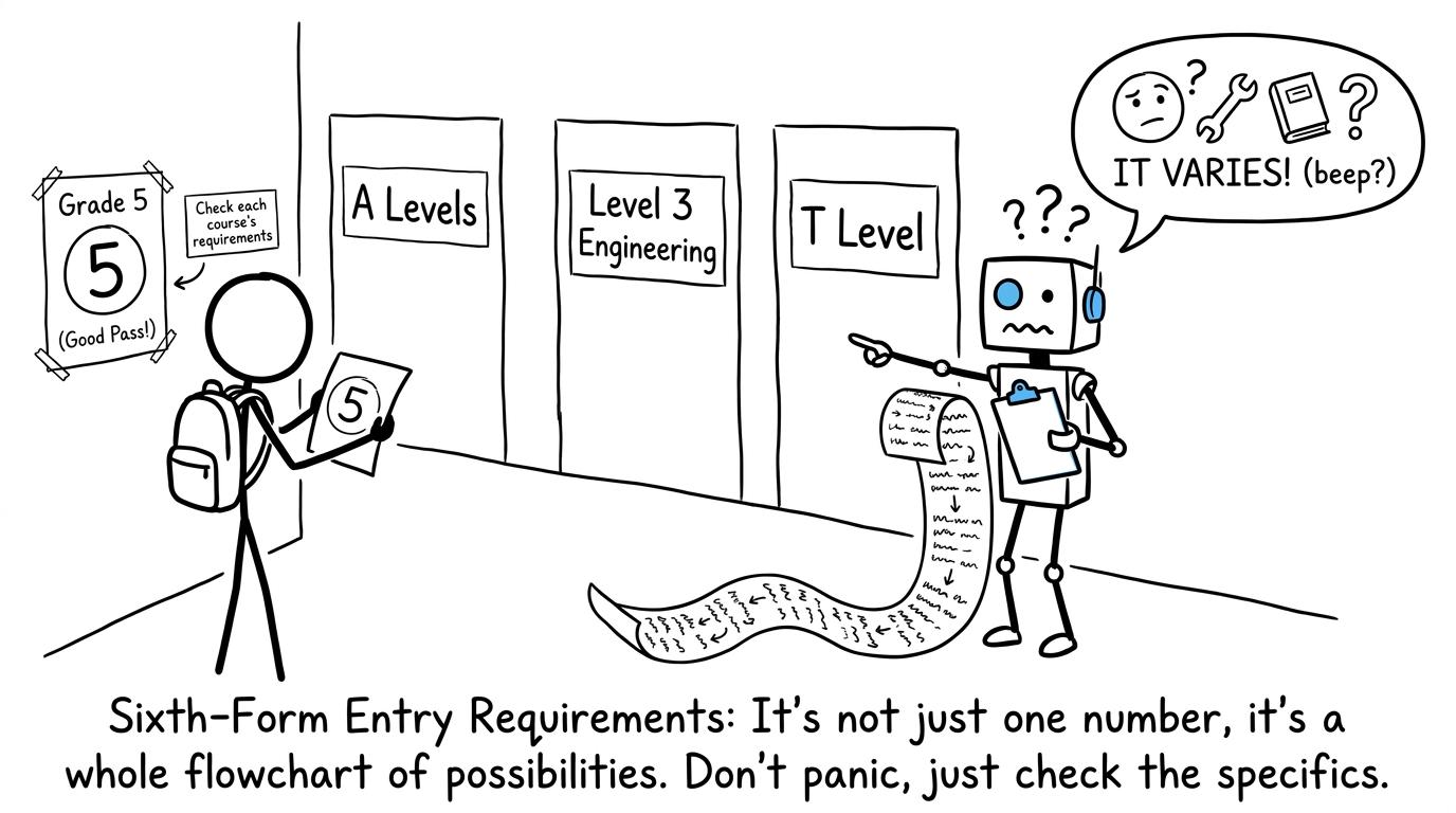 A student choosing between sixth-form engineering routes while a robot struggles with the entry-requirements clipboard