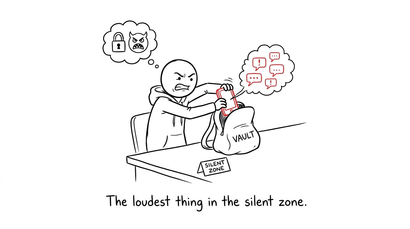 A student seals a distracting phone inside a backpack in the silent zone