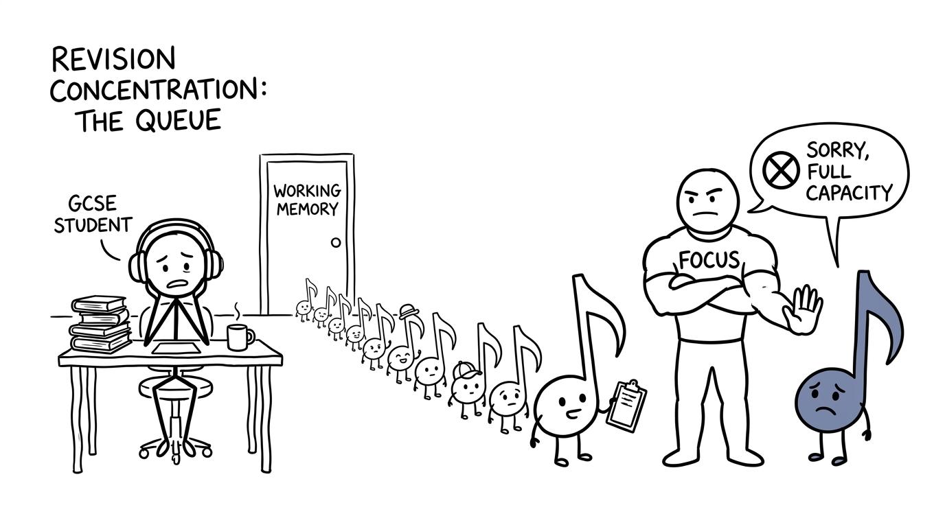 A musical note waiting at the door of working memory while a focus bouncer decides whether it may enter