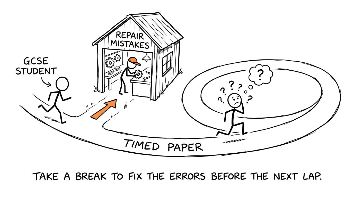 One student repairs mistakes while another keeps running paper laps