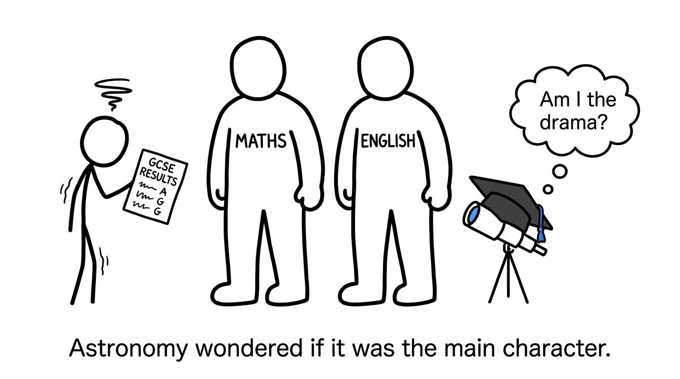 A small telescope waits behind Maths and English in an admissions queue