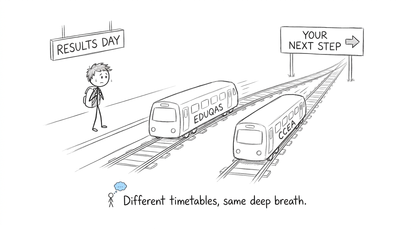 A student choosing between Eduqas and CCEA trains on results day