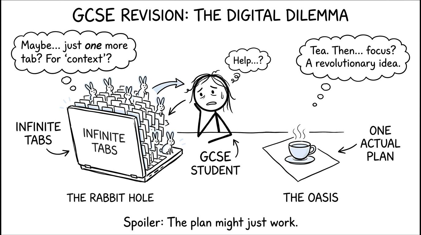 A student choosing between infinite digital tabs and one calm revision plan