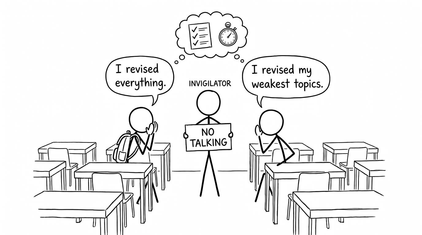 Two students in the exam hall compare strategies