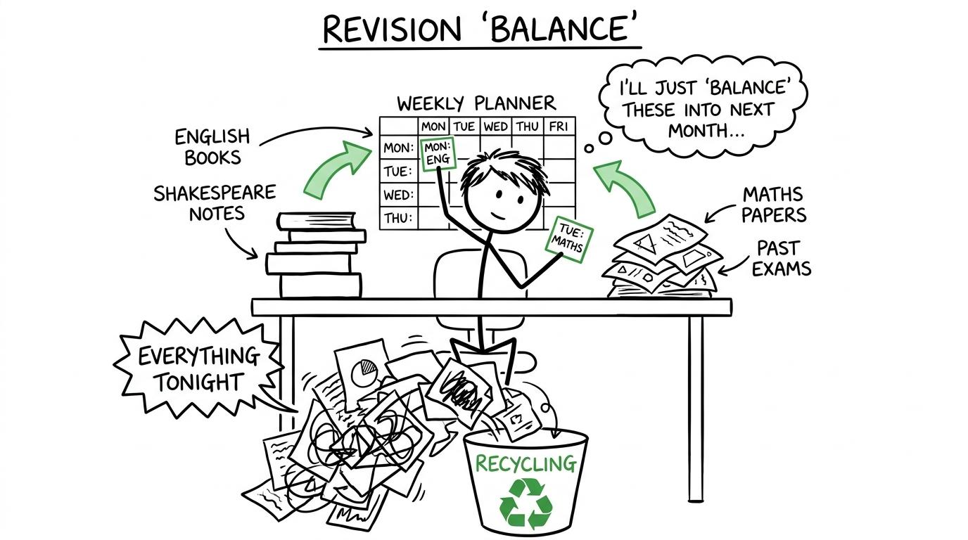 A student calmly balances English books and maths papers in a weekly planner