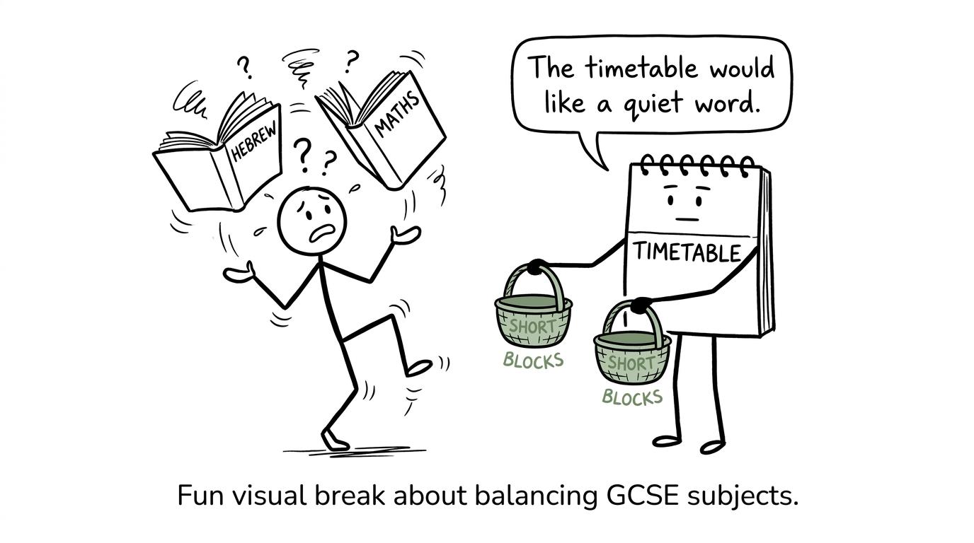 A student balancing Hebrew and maths while a timetable offers help