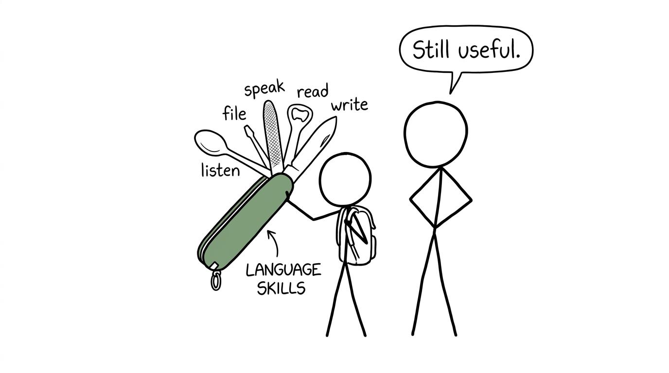 A student holding a language-skills tool with listening, speaking, reading and writing attachments