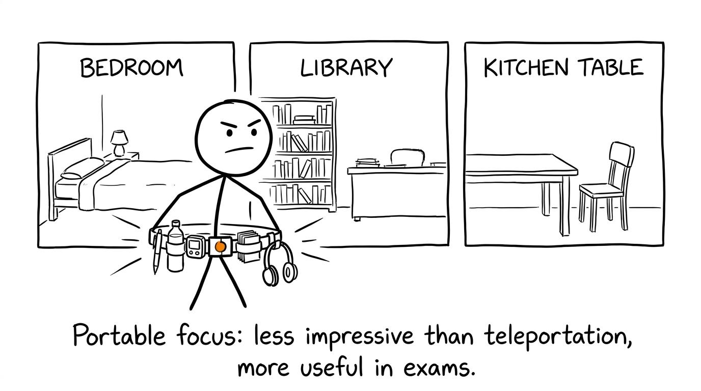 A student carries portable focus between several ordinary revision locations