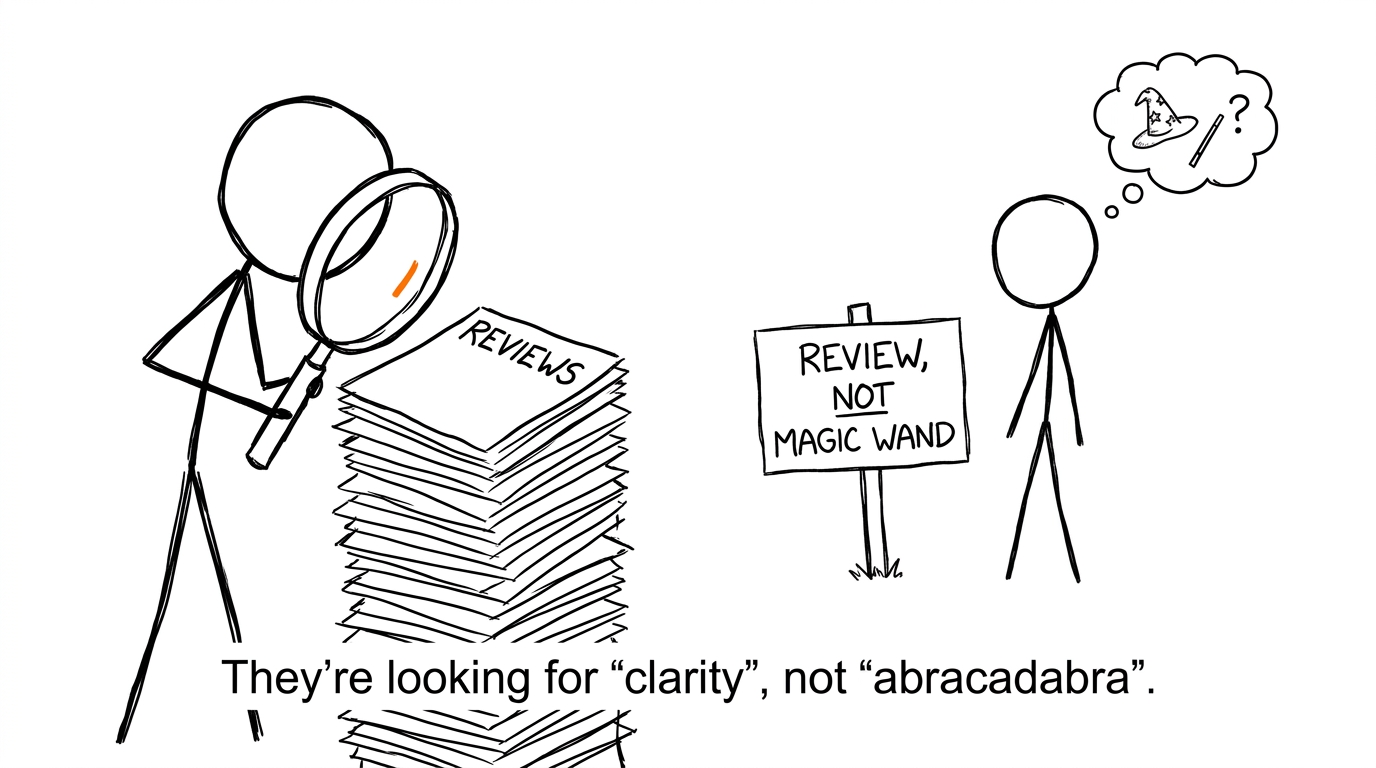 An examiner checks papers beside a sign saying Review, not magic wand