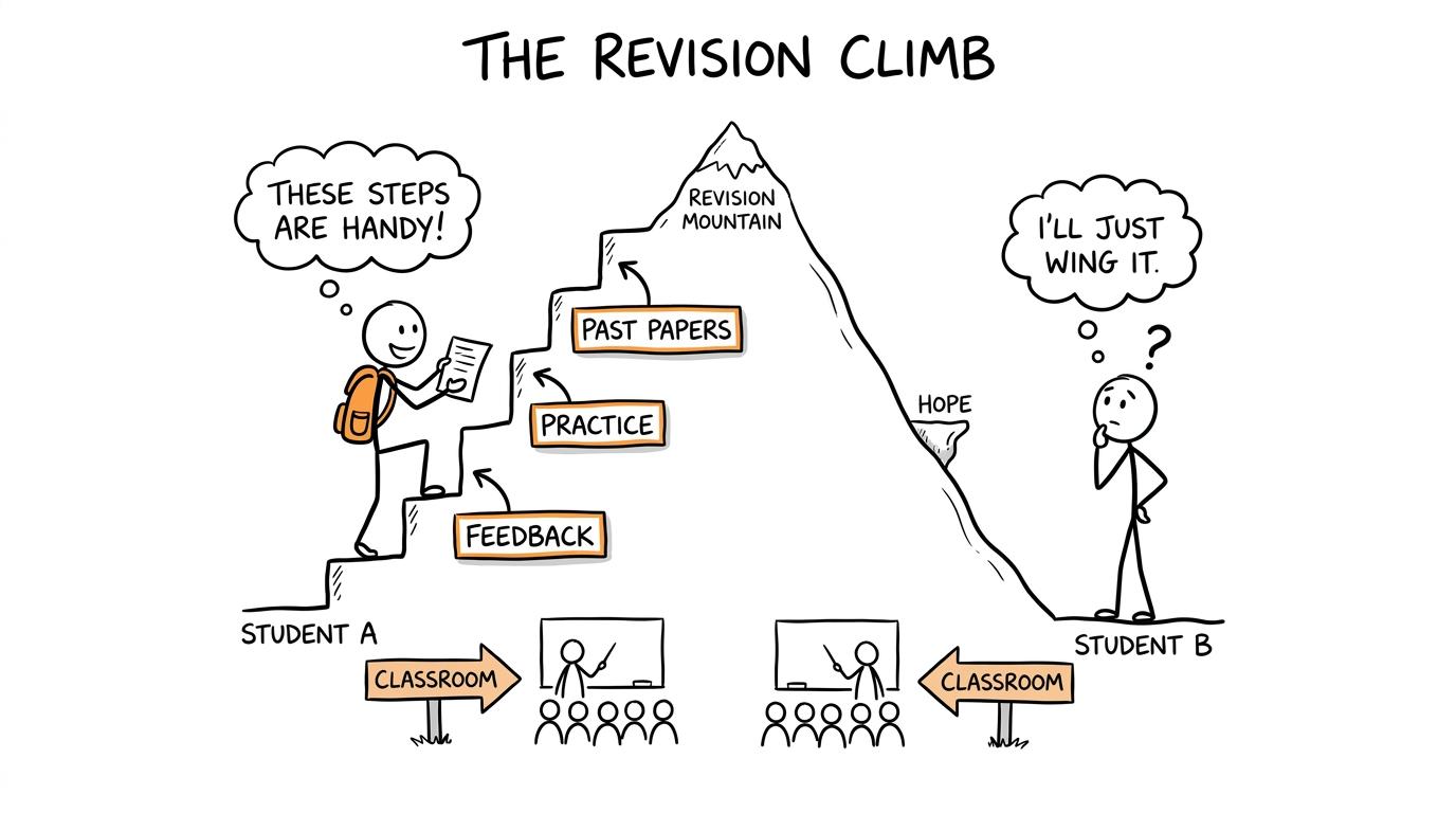 Students from different classroom sets climb the same revision mountain using feedback, practice and past papers