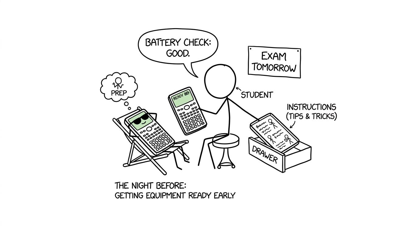 A calculator enjoys a suspiciously relaxing evening after its battery check