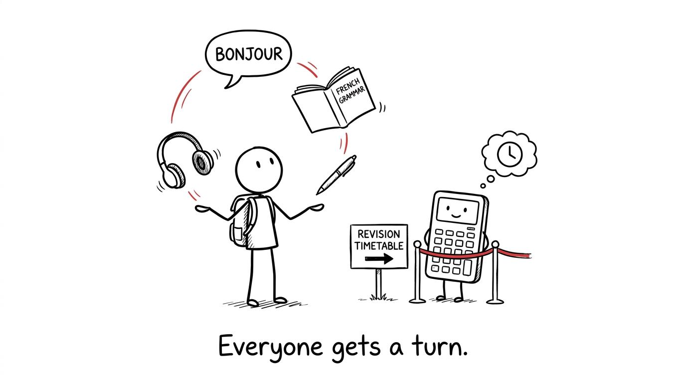 A student balancing listening, speaking, reading and writing while maths waits patiently for its revision turn