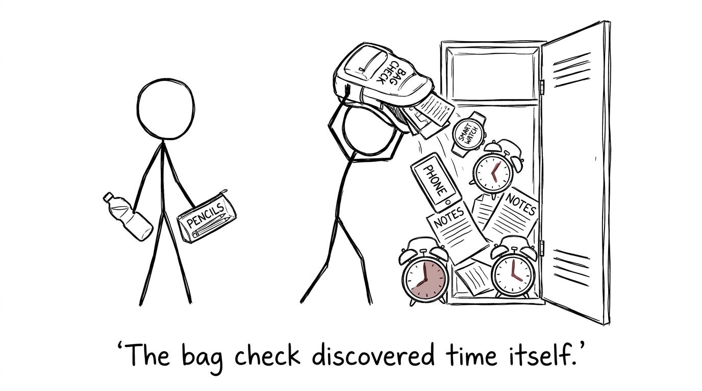 An exam bag check discovers phones, watches and several unnecessary alarm clocks