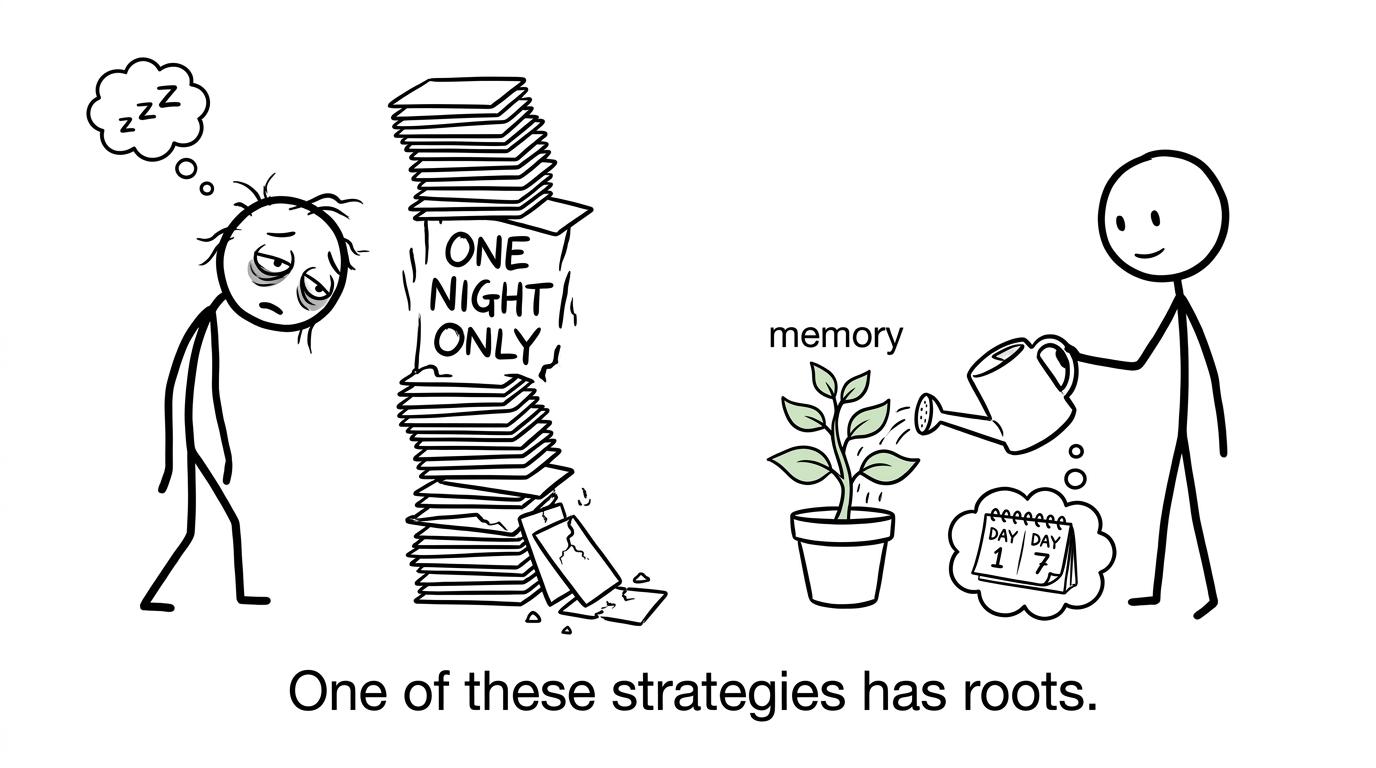A student compares a wobbling wall of flashcards with a well-watered memory plant