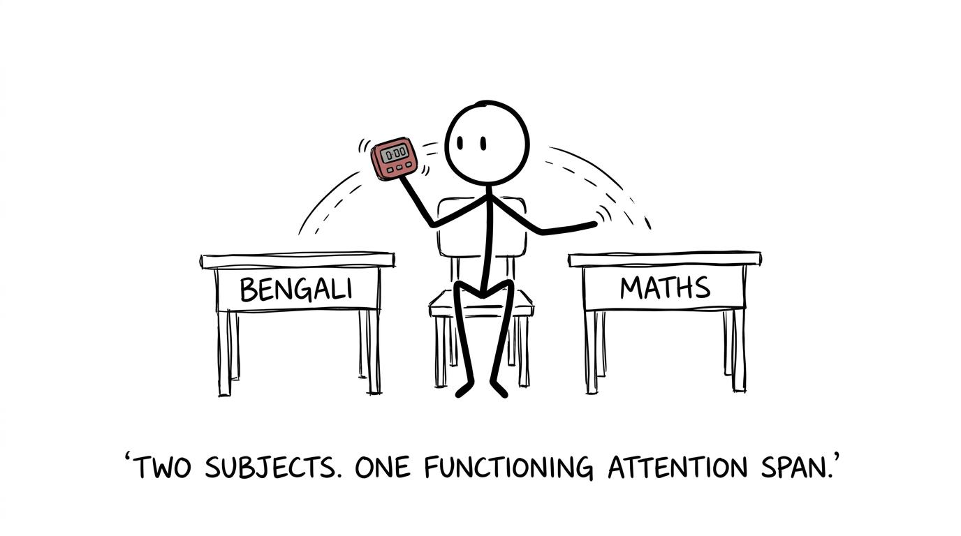 A student manages Bengali and maths revision with one overworked timer