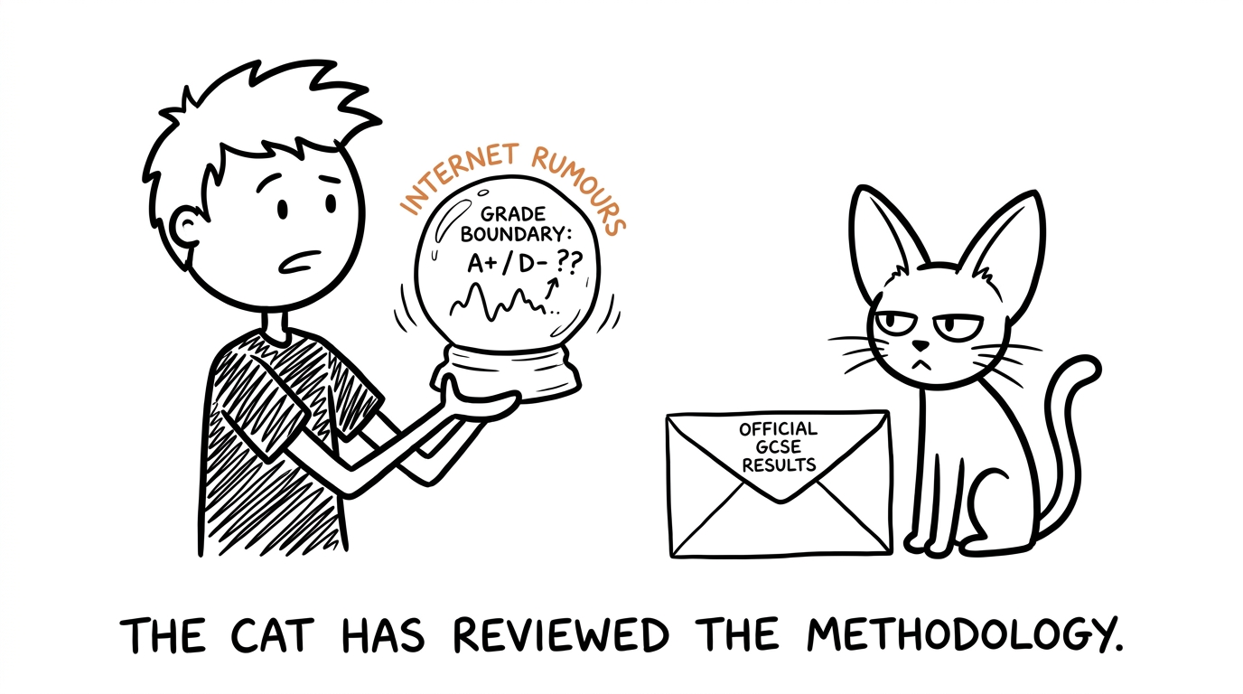 A student consulting an Internet rumours crystal ball while a sceptical cat waits beside the official document