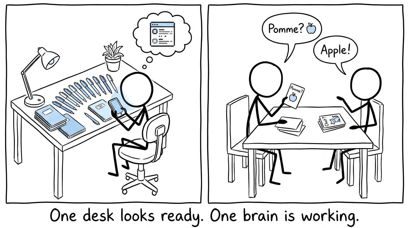 A polished revision desk competes with active learning at a plain table