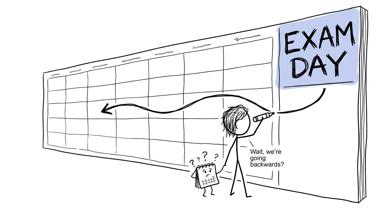A student drawing revision arrows backwards from exam day