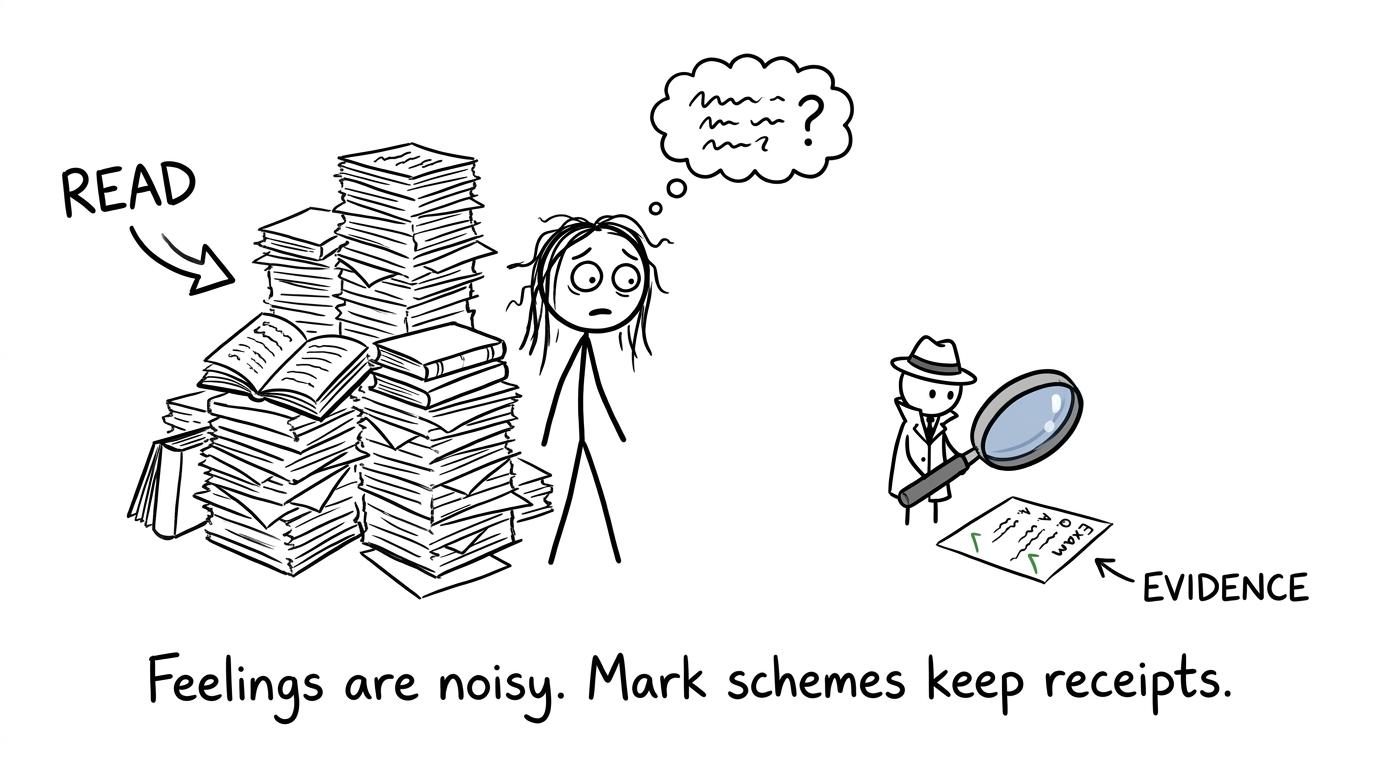 A revision detective looks for evidence while notes tower over a worried student