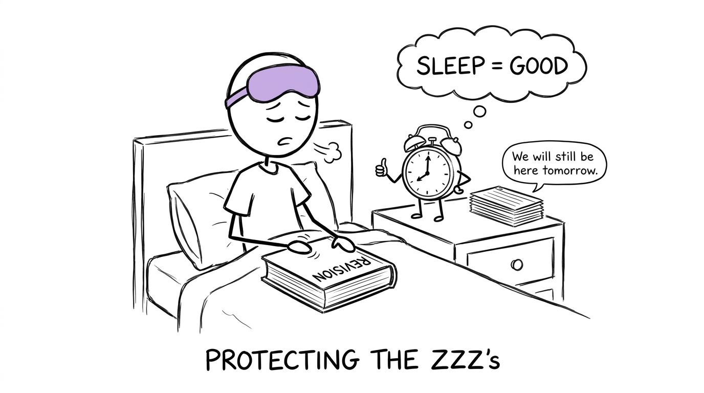 A supportive alarm clock approves of closing the revision book