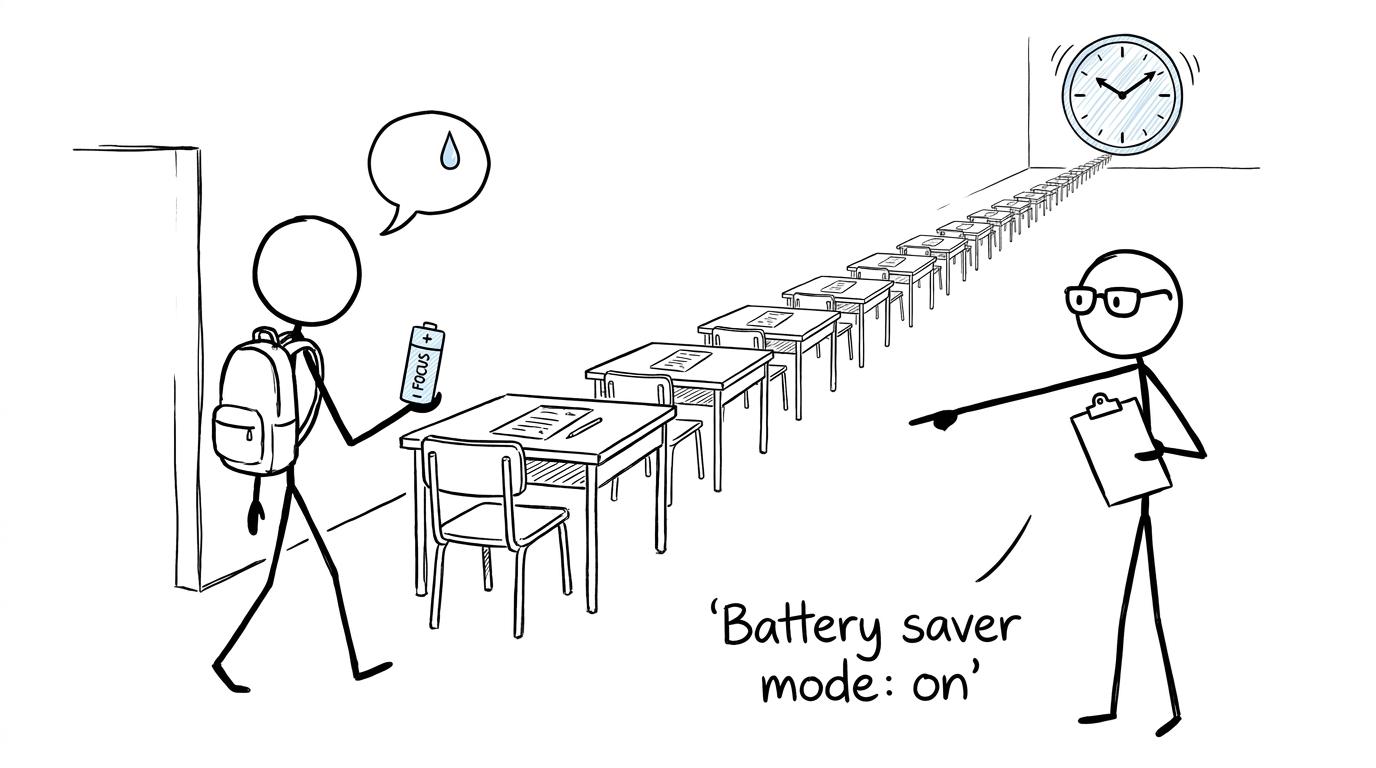 A student carrying a small focus battery towards a long exam hall